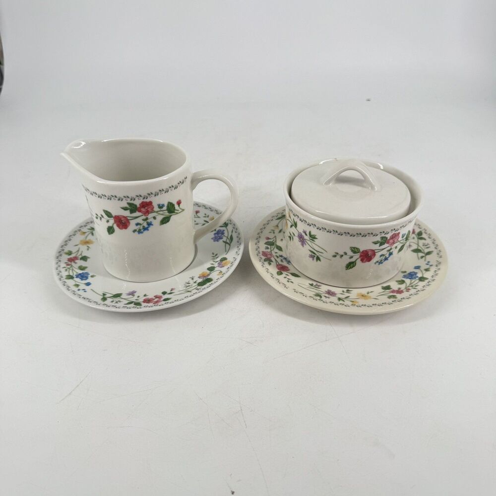 Vintage 1993 Farberware English Garden #225 Sugar Creamer & 2 Saucers Set